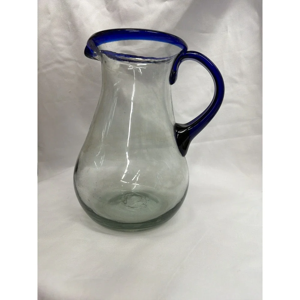 Cobalt Blue Rim & Handle Glass Pitcher – Juice, Margaritas, Water, Lemonade